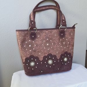 Montana West Leather Suede Floral Applique Handbag